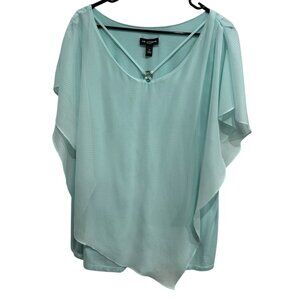 I.N. Studio Womens Sheer Aqua Poncho Blouse V-Neck Ring Detail Sz 1X